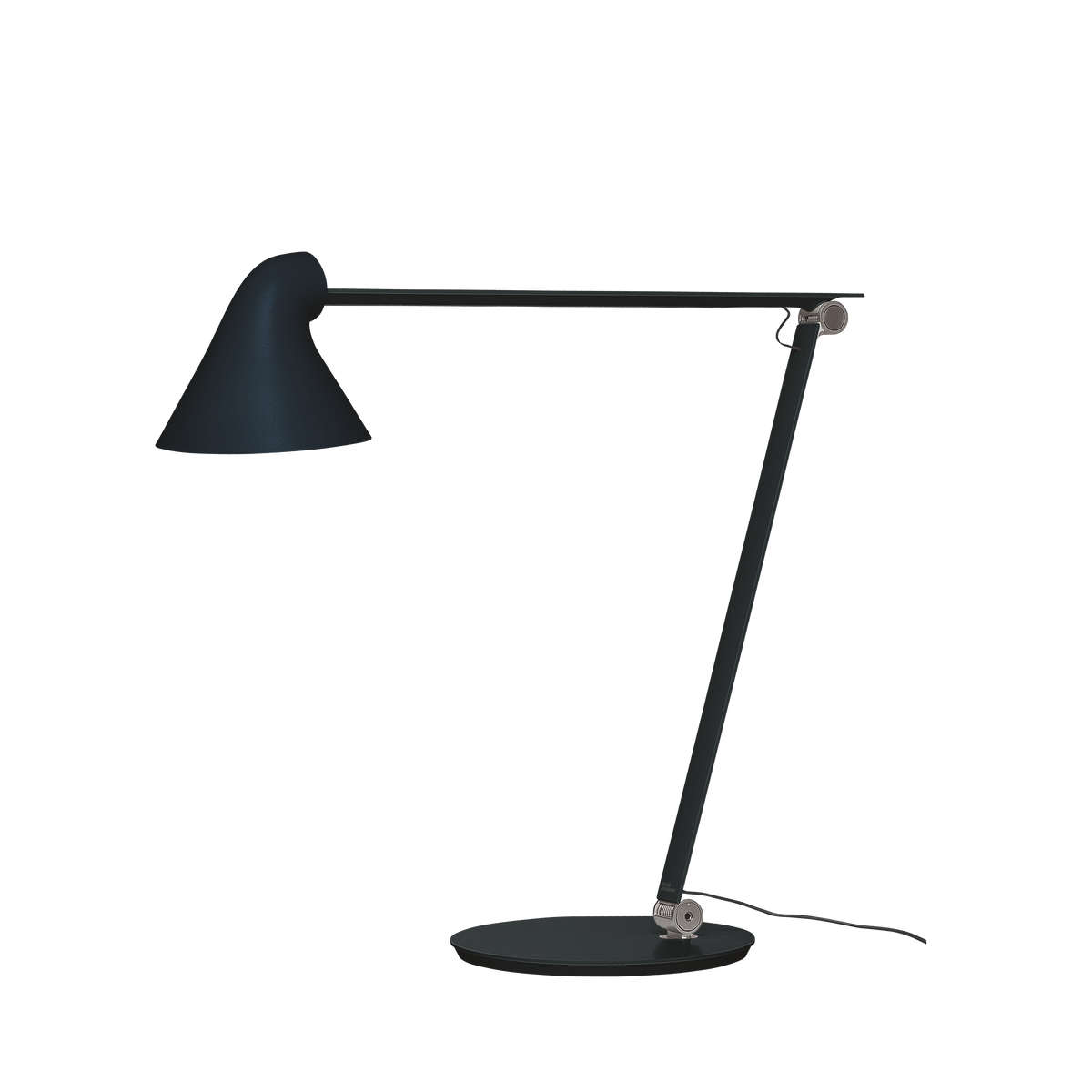 NJP Table Lamp by nendo in black with the steel base, arm raised and head tilted forward