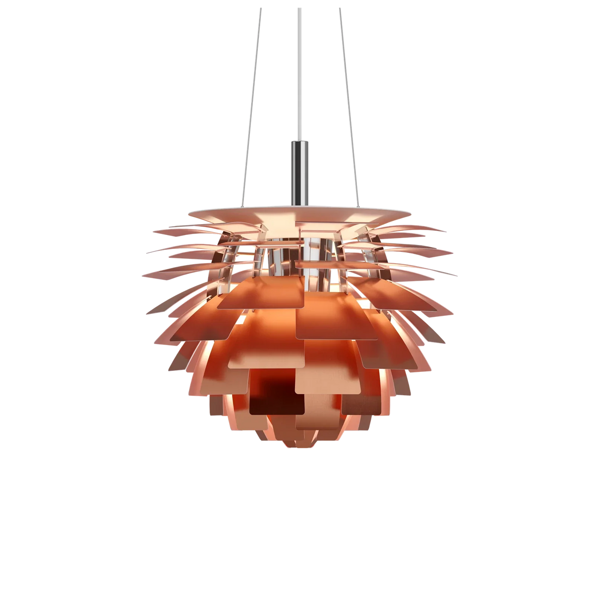 PH Artichoke pendant lamp in copper, diameter 480 mm, its layered leaves seen from below