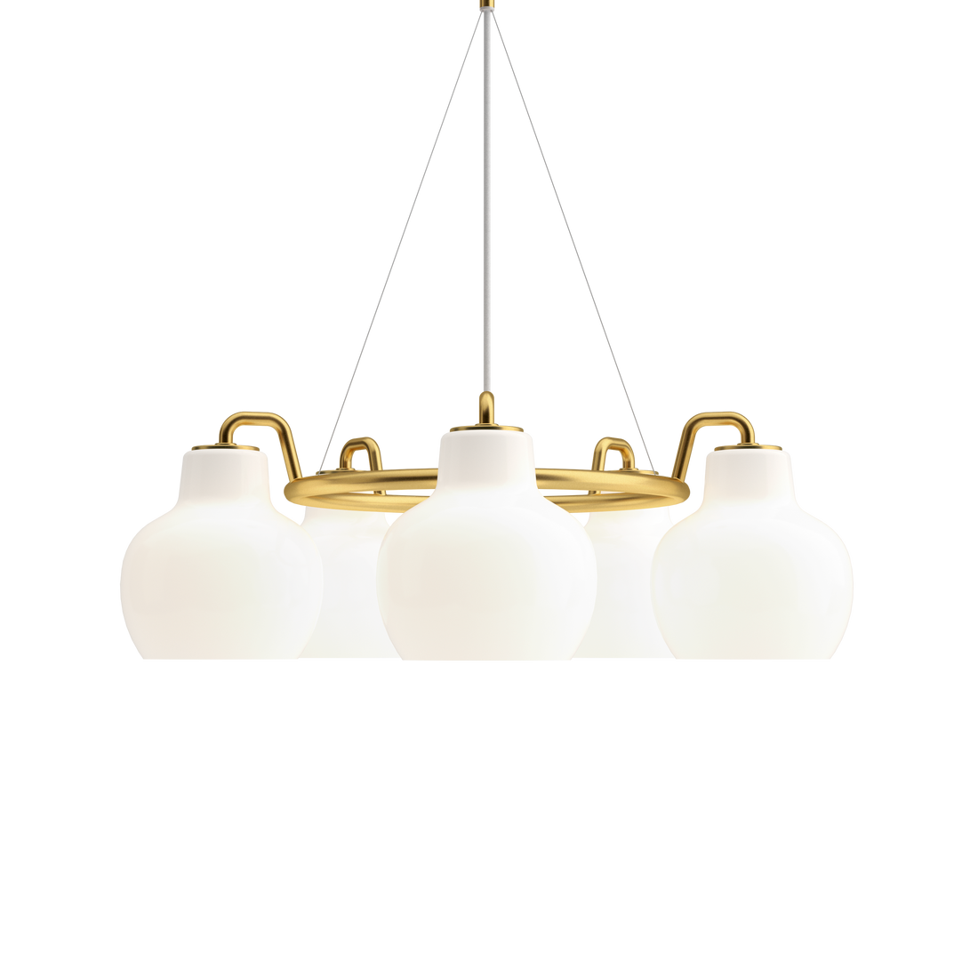 VL Ring Crown 3-5-7 Pendant by Vilhelm Lauritzen with five mouth-blown opal glass shades on a satin-polished brass ring