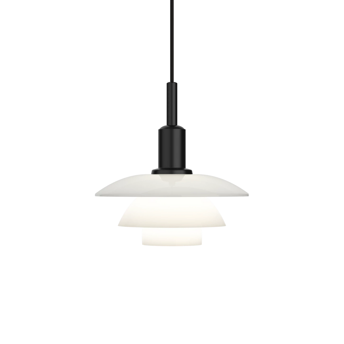 PH 3/3 Pendant in mouth-blown white opal glass with its three stacked shades