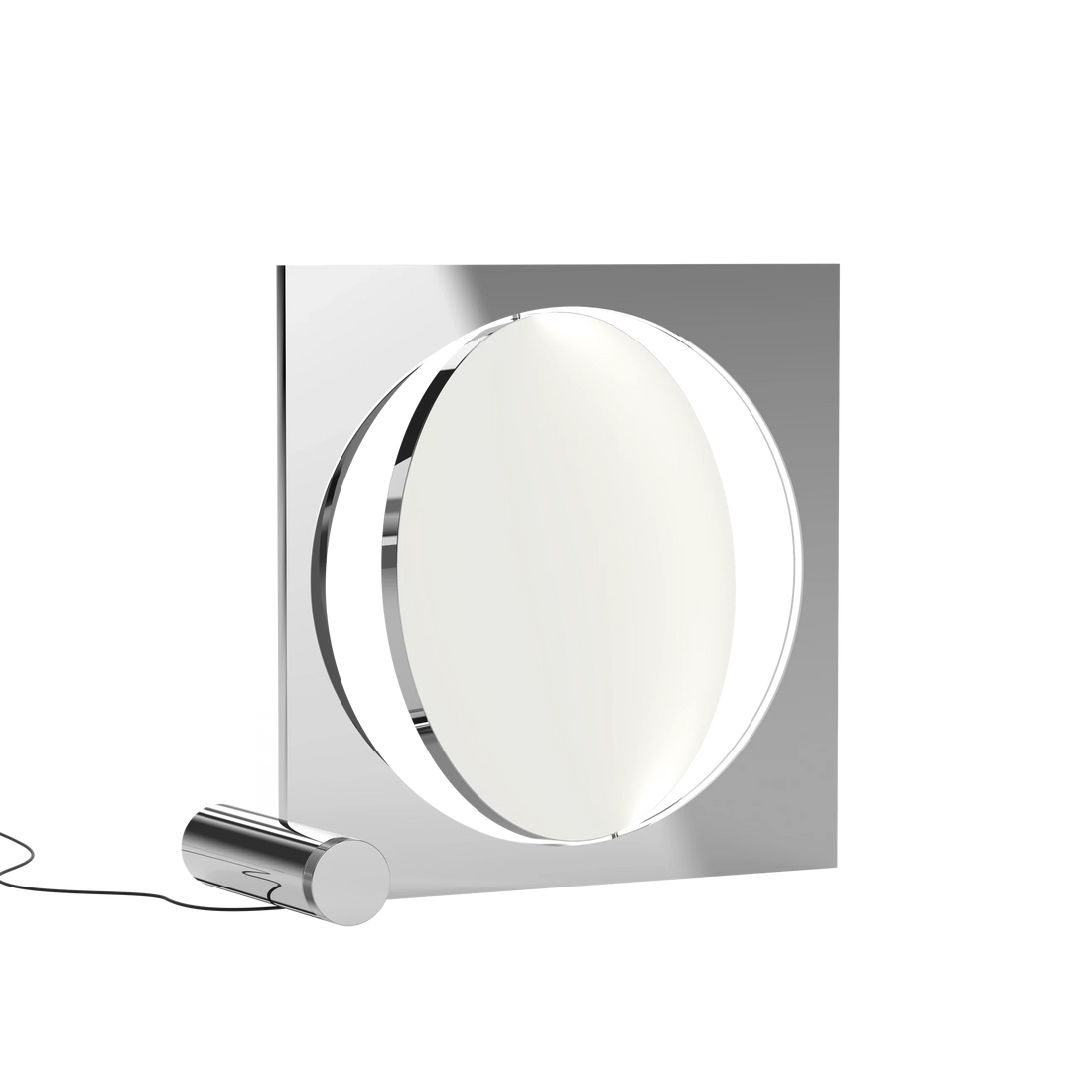 Moonsetter floor lamp by Anne Boysen in chrome, with a round rotating disc above a cylindrical base