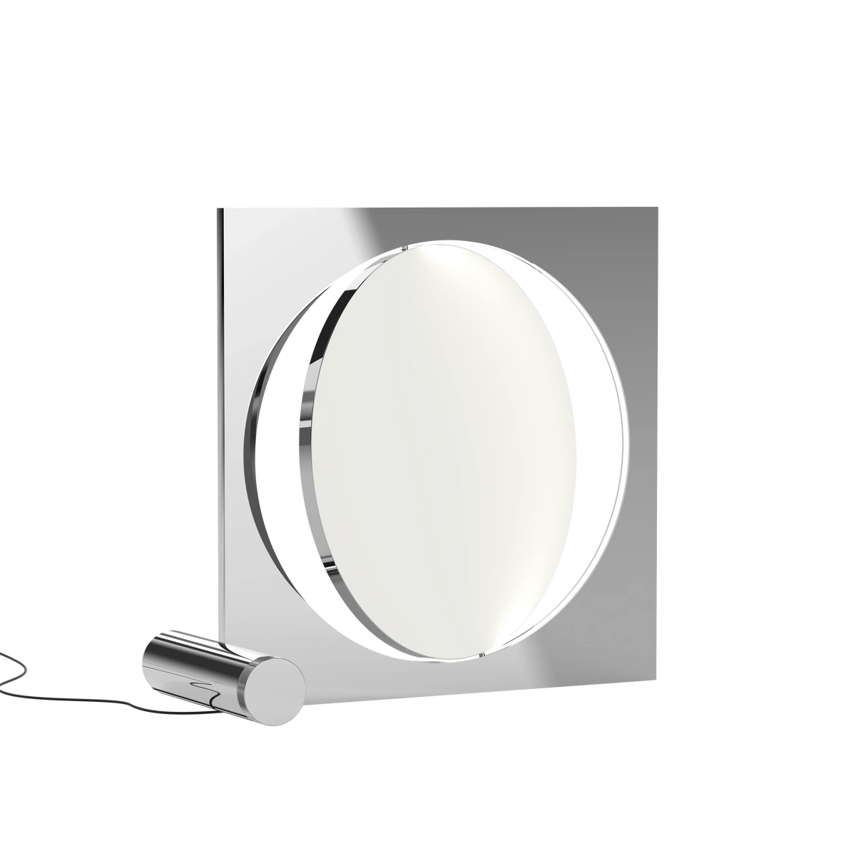 Moonsetter floor lamp by Anne Boysen in chrome, with a round rotating disc above a cylindrical base