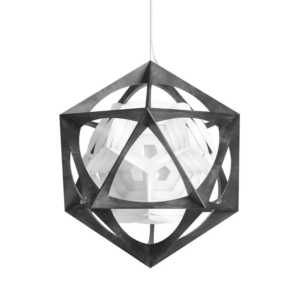 OE Quasi Pendant Light by Olafur Eliasson for Louis Poulsen, aluminium icosahedron frame with white central reflector
