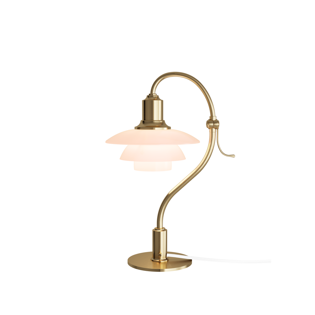 PH 2/2 Question Mark Pale Rose table lamp by Poul Henningsen, pale rose glass shades on a curled brushed brass stem