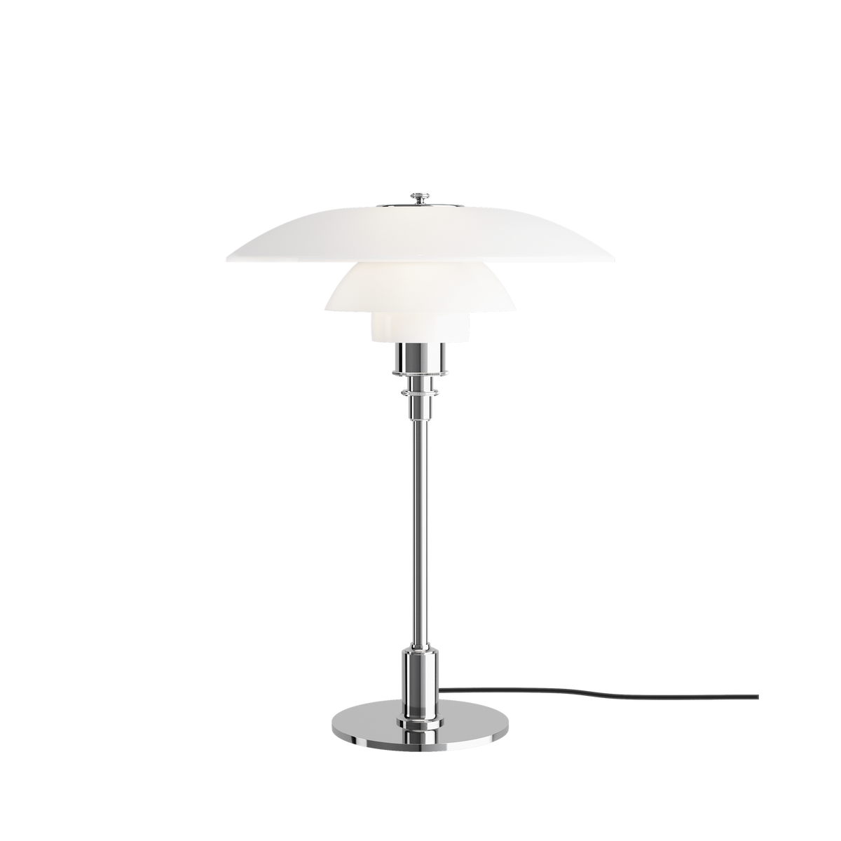 PH 3½-2½ Table Lamp by Poul Henningsen in high lustre chrome with three mouth-blown opal glass shades