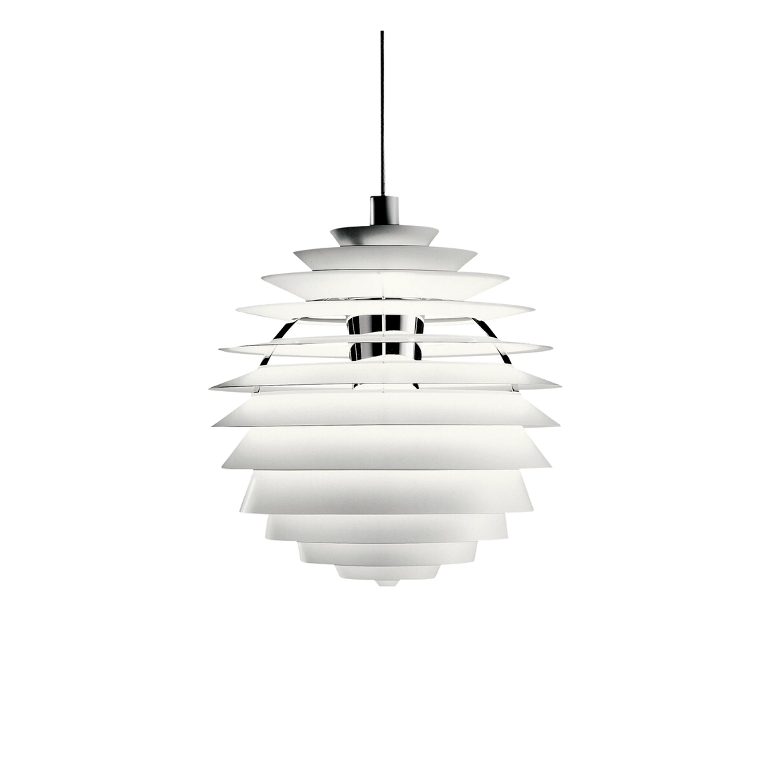PH Louvre Pendant by Poul Henningsen for Louis Poulsen in white lacquered aluminium, thirteen stacked louvres