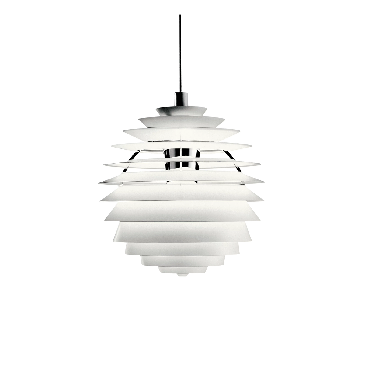 PH Louvre Pendant by Poul Henningsen for Louis Poulsen in white lacquered aluminium, thirteen stacked louvres