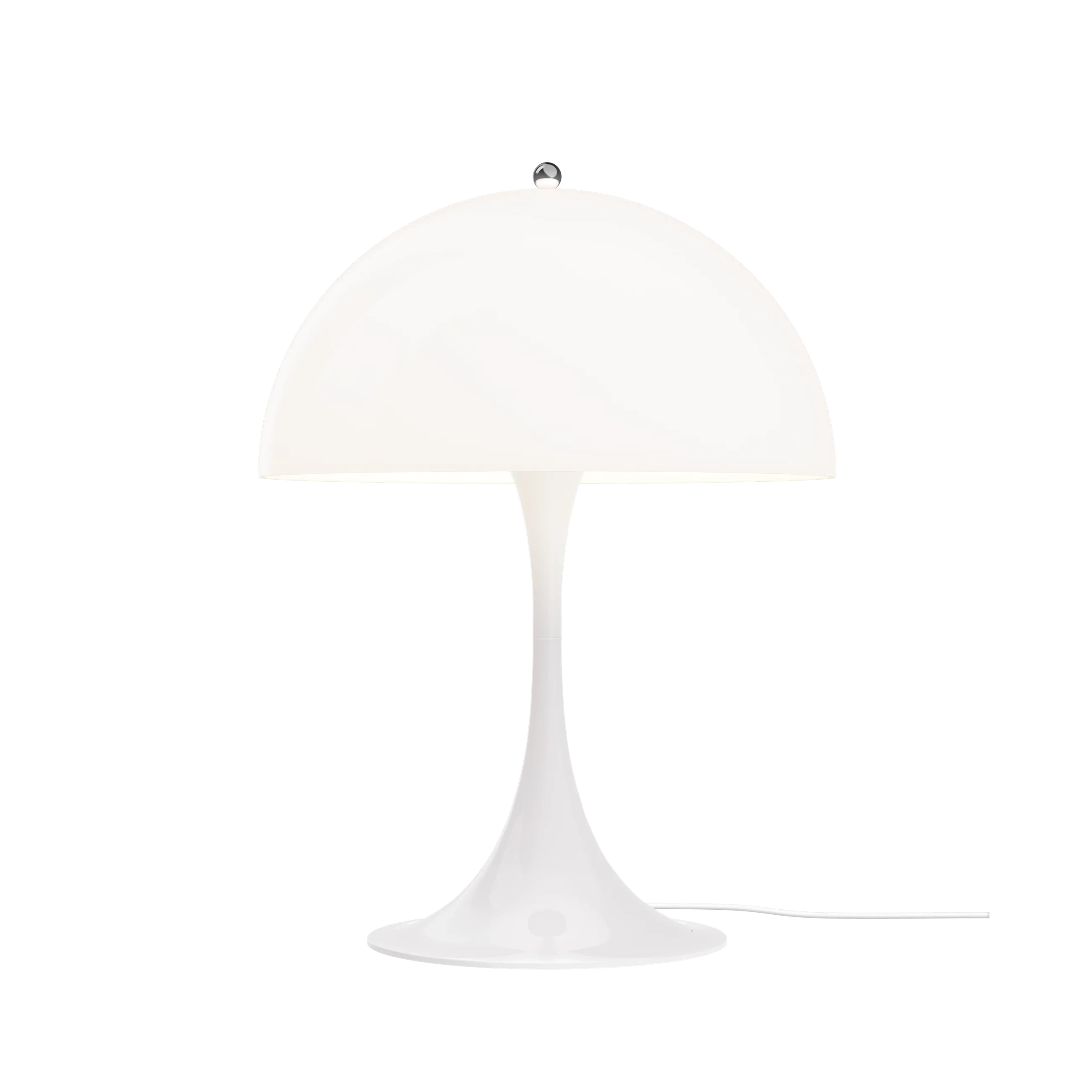 Louis Poulsen Panthella 400 Table Lamp switched on, white opal acrylic dome above its trumpet base