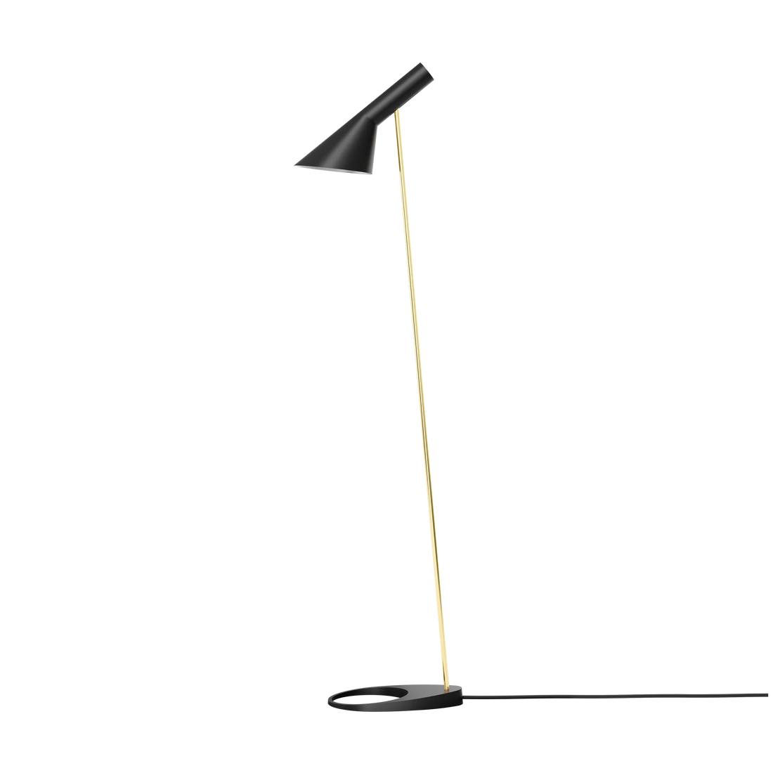 AJ Floor Lamp in black with a brass stem, its asymmetric shade tilted forward