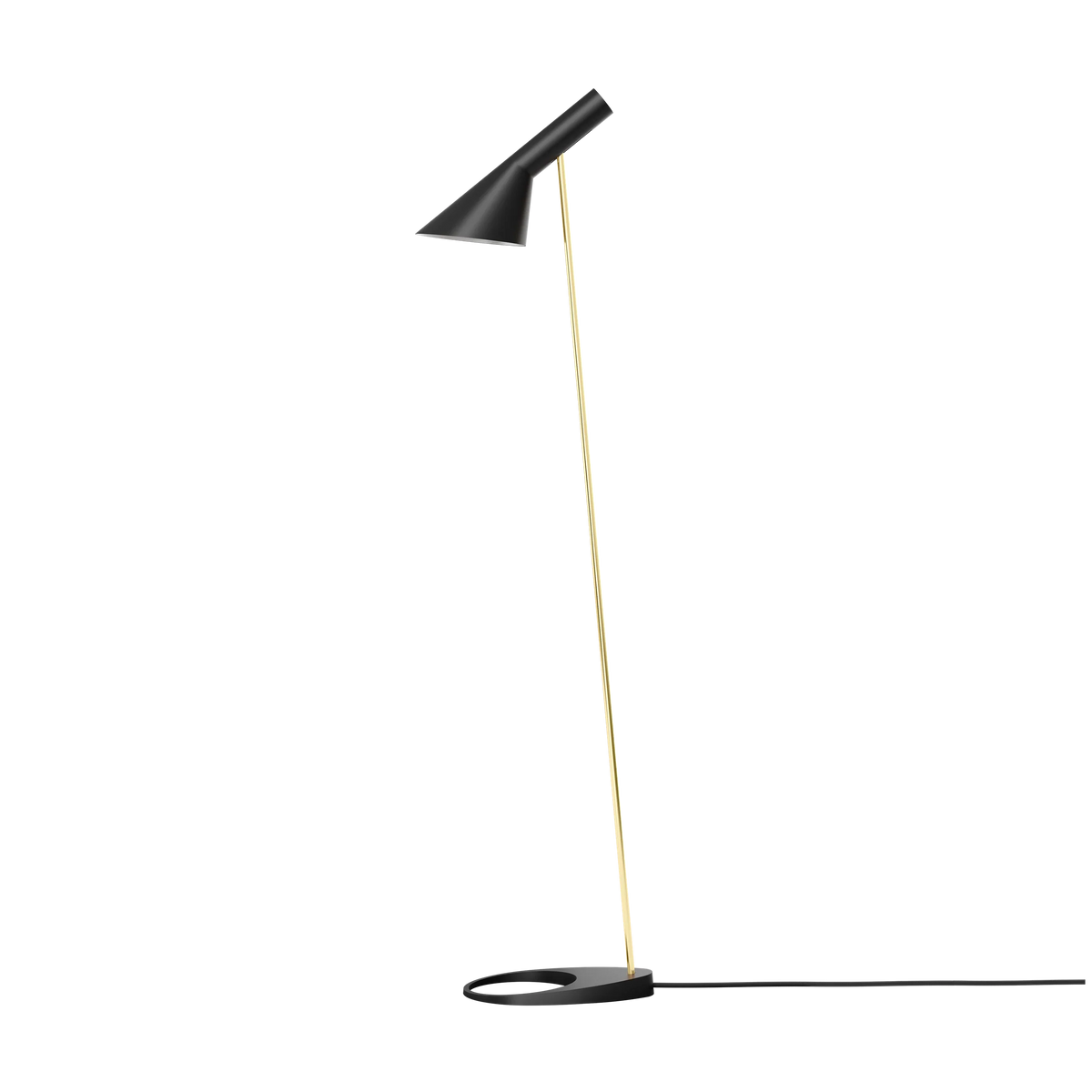 AJ Floor Lamp in black with a brass stem, its asymmetric shade tilted forward