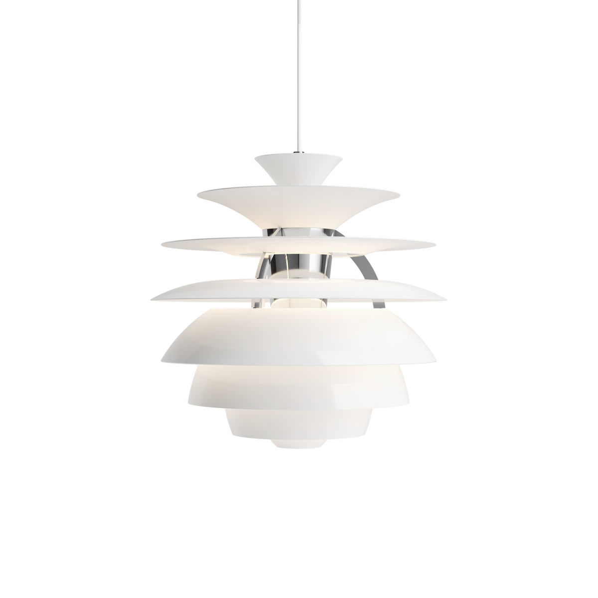 PH Snowball pendant by Poul Henningsen in white with eight stacked aluminium shades and chrome frame
