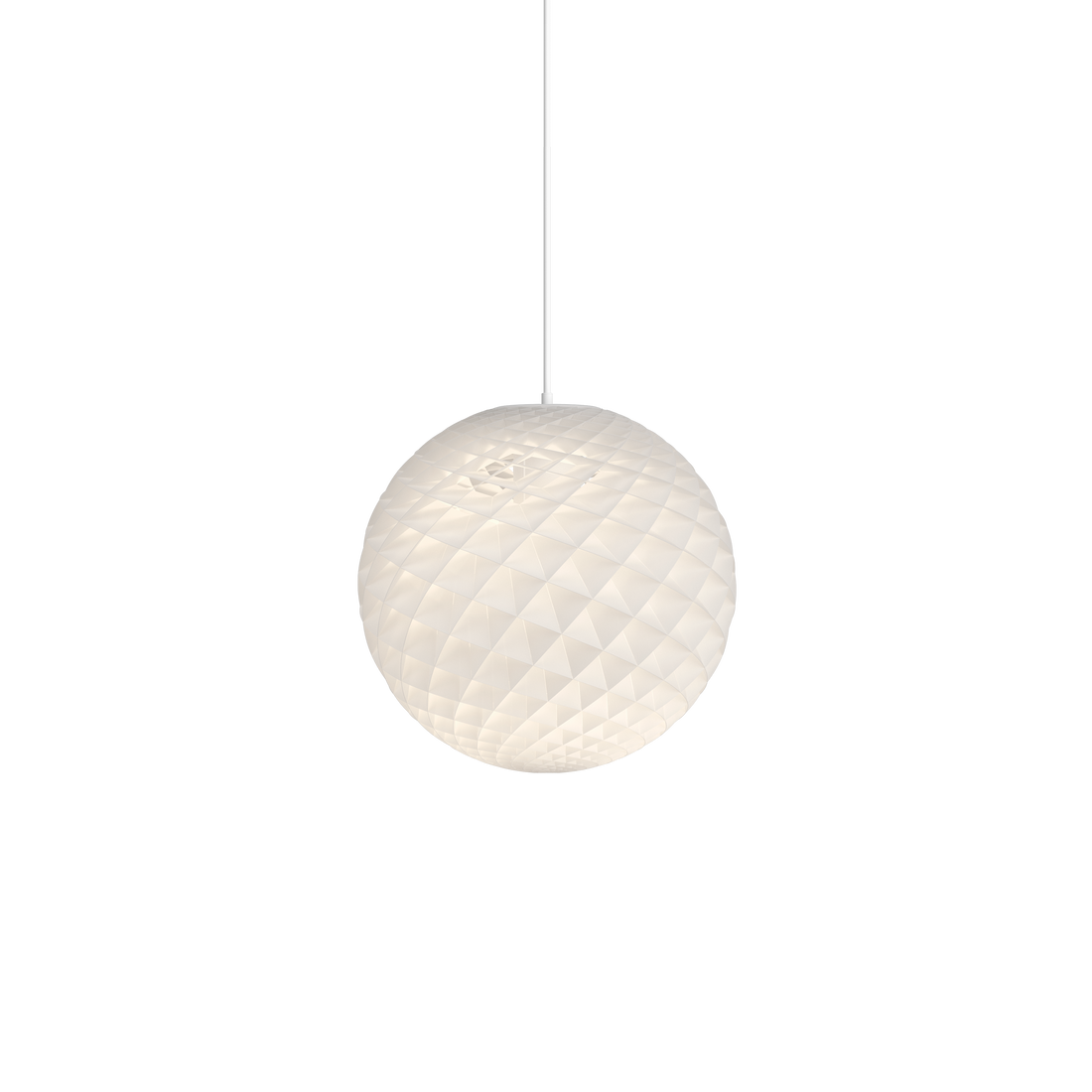 Patera Pendant Ø 450 by Louis Poulsen, a sphere of hand-assembled matt white PVC cells, lit from within