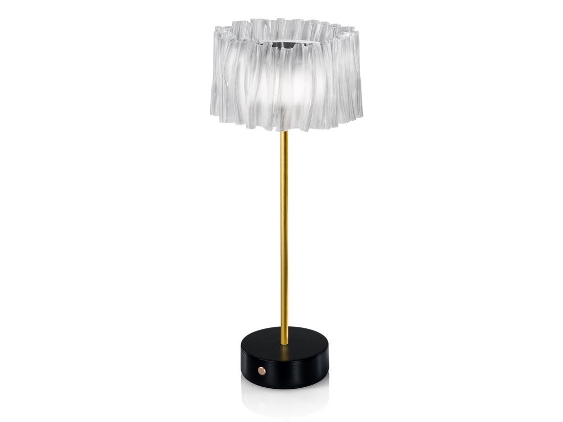 Slamp Accordeón Battery portable lamp with a pleated white Lentiflex shade, brass-coloured stem and black base