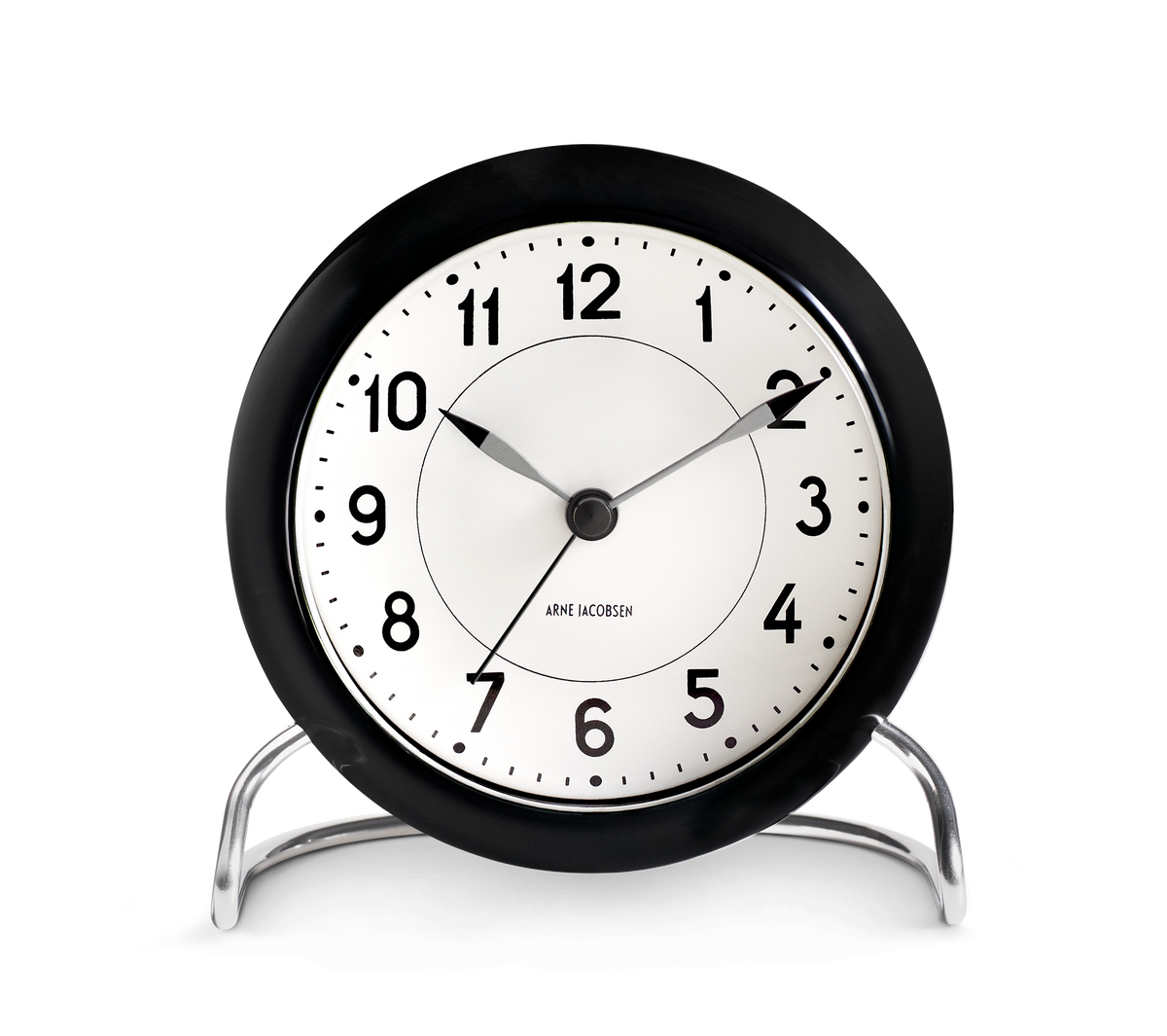 Arne Jacobsen Station table clock Ø11 cm with white dial, black numerals, black case and chrome stand