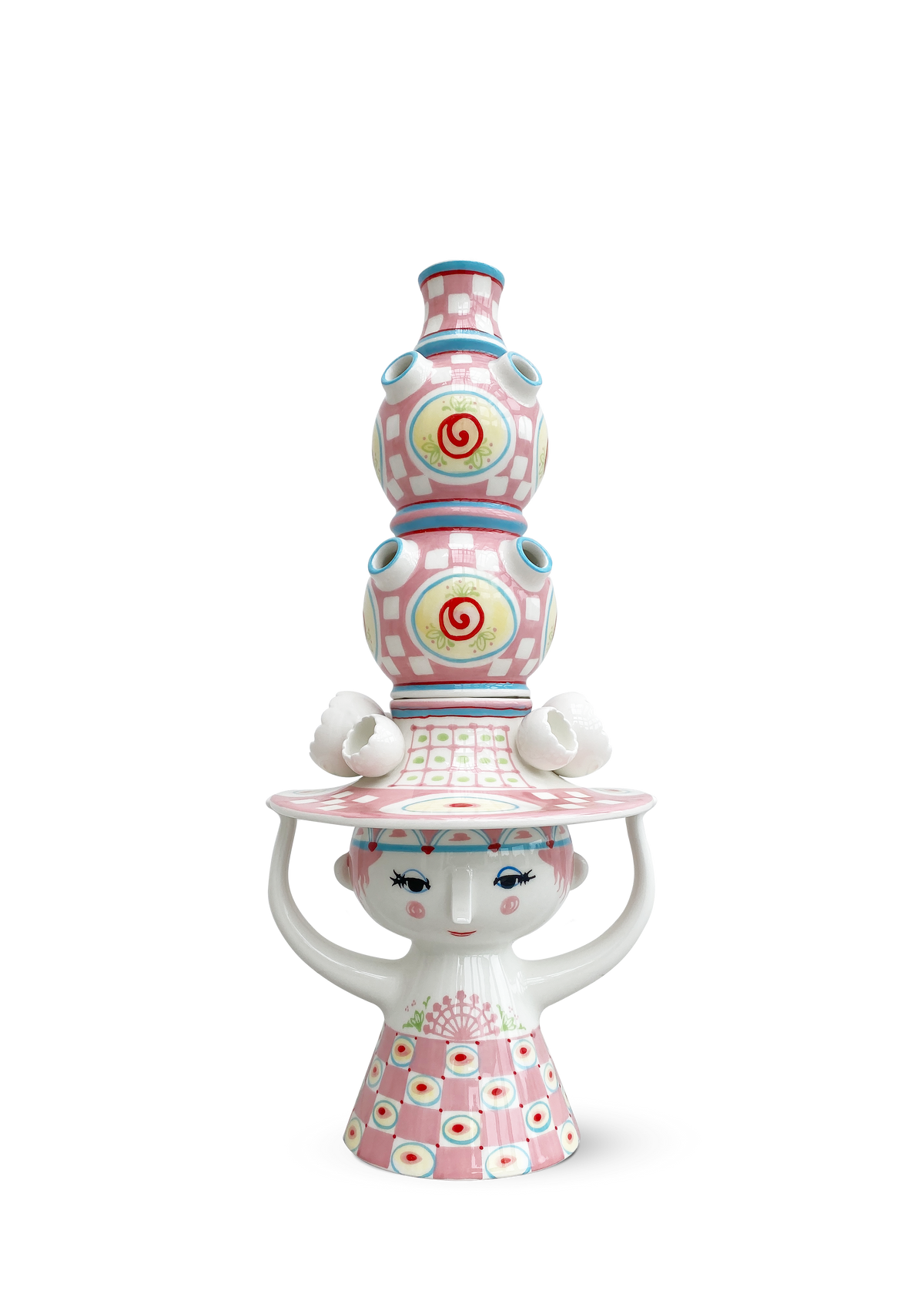 Bjørn Wiinblad Lady with hat vase in pink, 50 cm tall, hand-decorated glazed ceramic figure with a tall hat