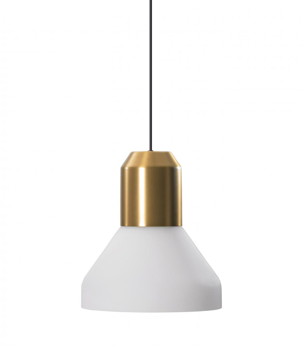 ClassiCon Bell Light pendant lamp by Sebastian Herkner with a brass light head and white opal glass shade