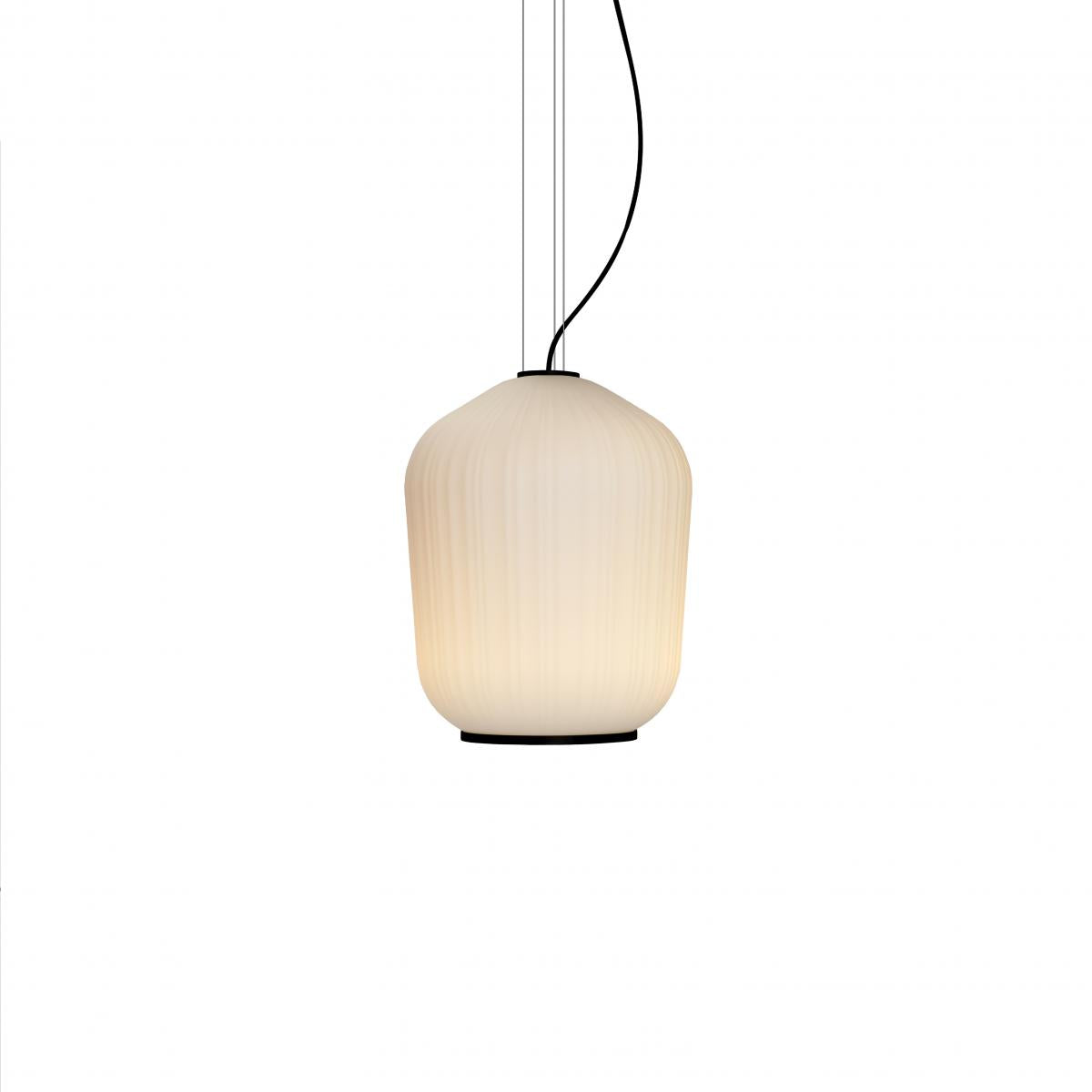 ClassiCon Plissée Pendant Lamp by Sebastian Herkner with pleated white opal glass shade and black frame