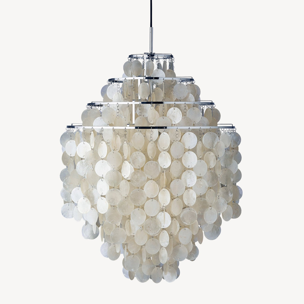 VERPAN Fun 0DM pendant, a tall four ring cascade of mother of pearl shell discs on a chrome frame