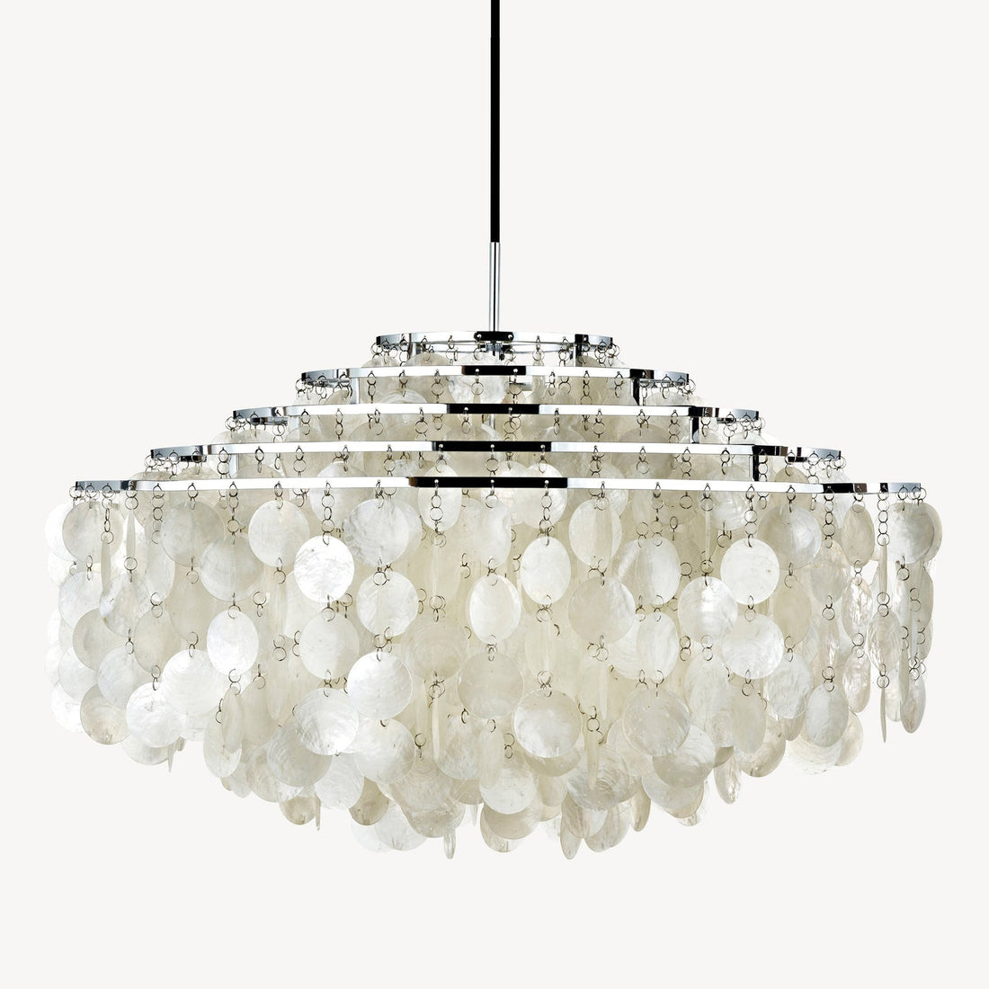 Fun Pendant 11DM by Verner Panton with five tiers of seashell discs on a chrome frame