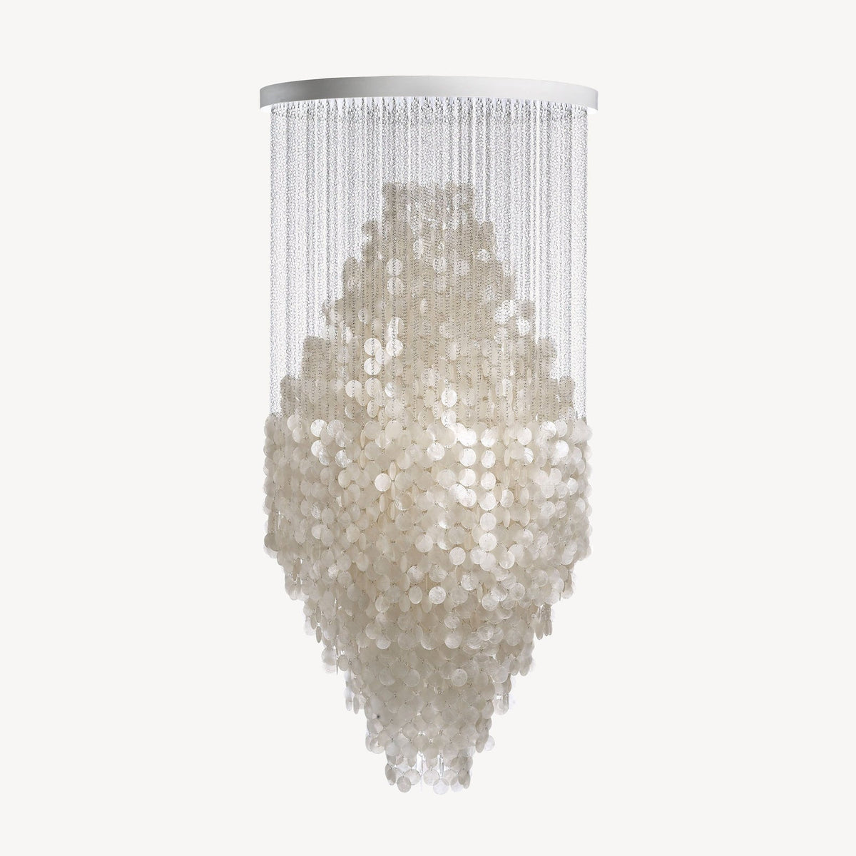 Verner Panton Fun XL Pendant 8DM by VERPAN, a long ceiling-mounted cluster of mother-of-pearl discs