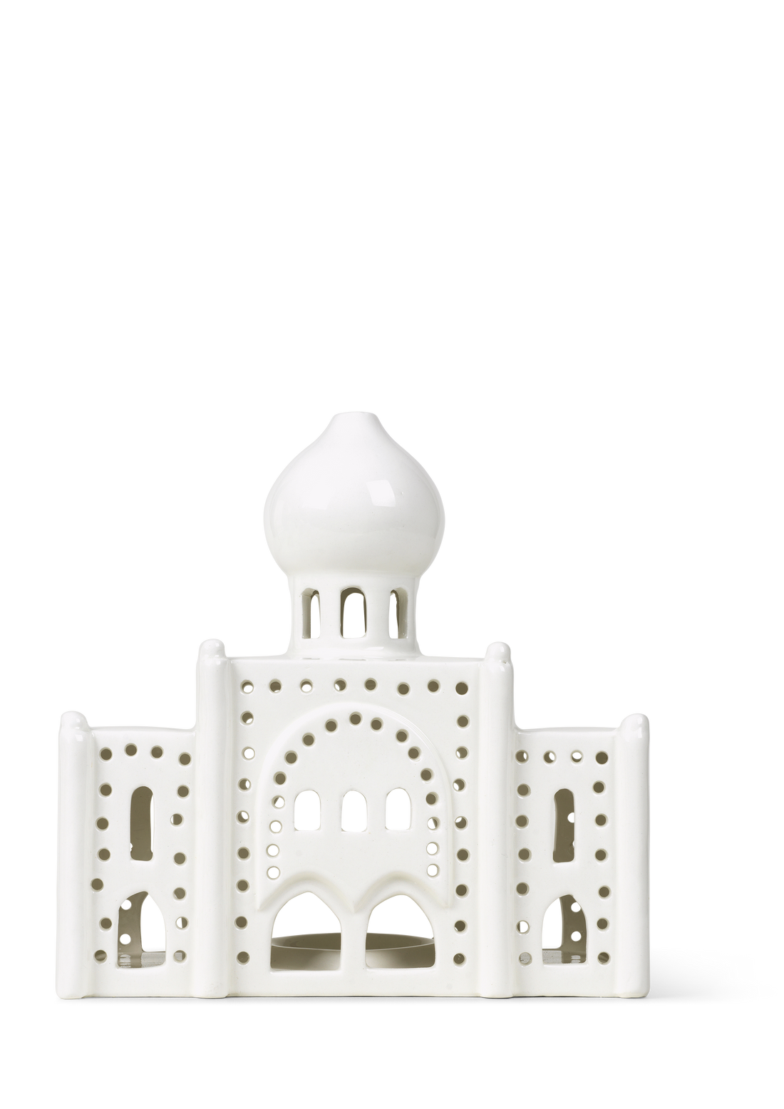 Kähler Urbania Tivoli Lighthouse Nimb H17 in white ceramic, a candle house modelled on the Nimb building