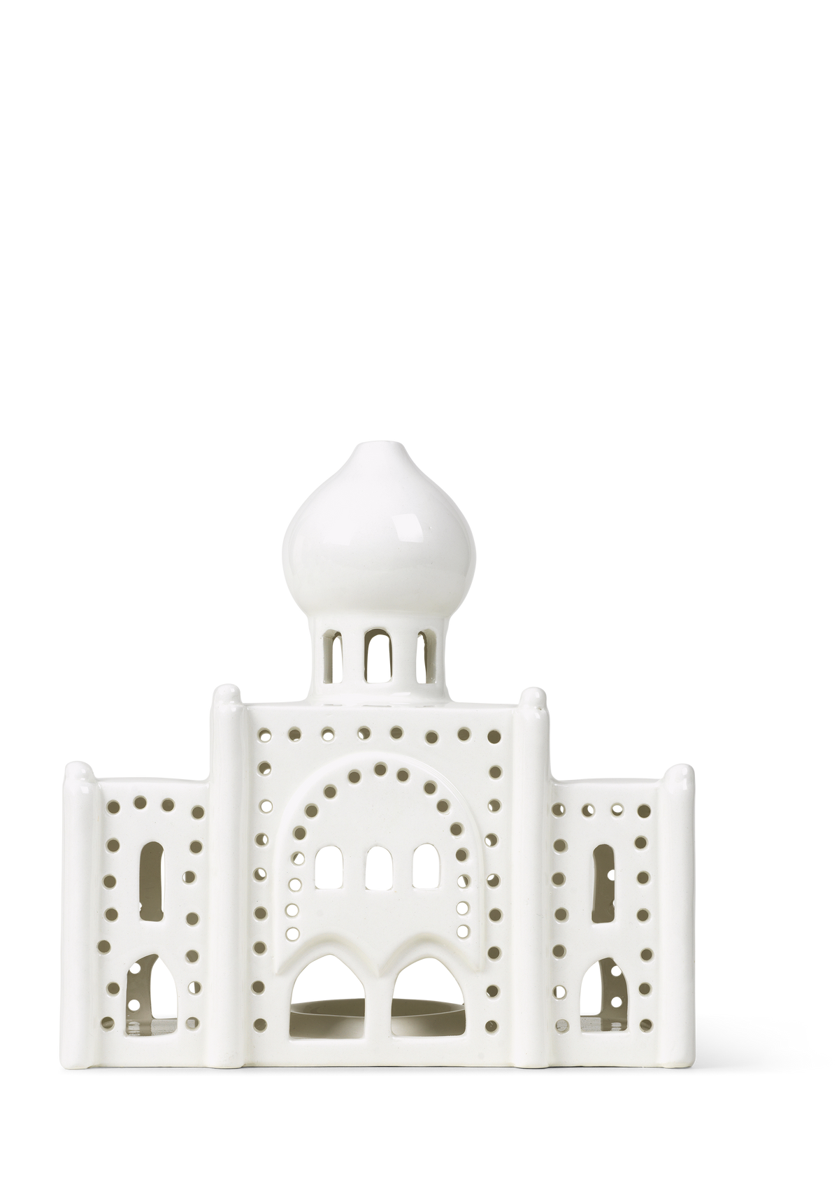 Kähler Urbania Tivoli Lighthouse Nimb H17 in white ceramic, a candle house modelled on the Nimb building