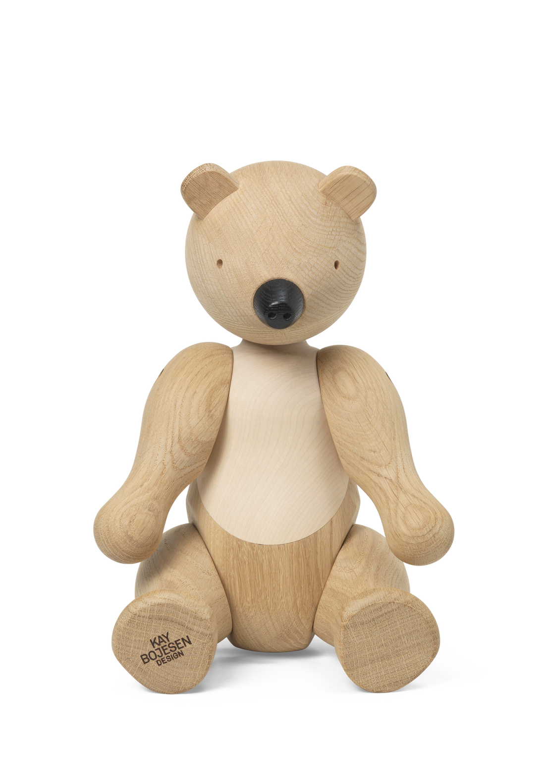 Kay Bojesen Bear large in untreated oak and maple, 40 cm tall wooden figure with movable arms