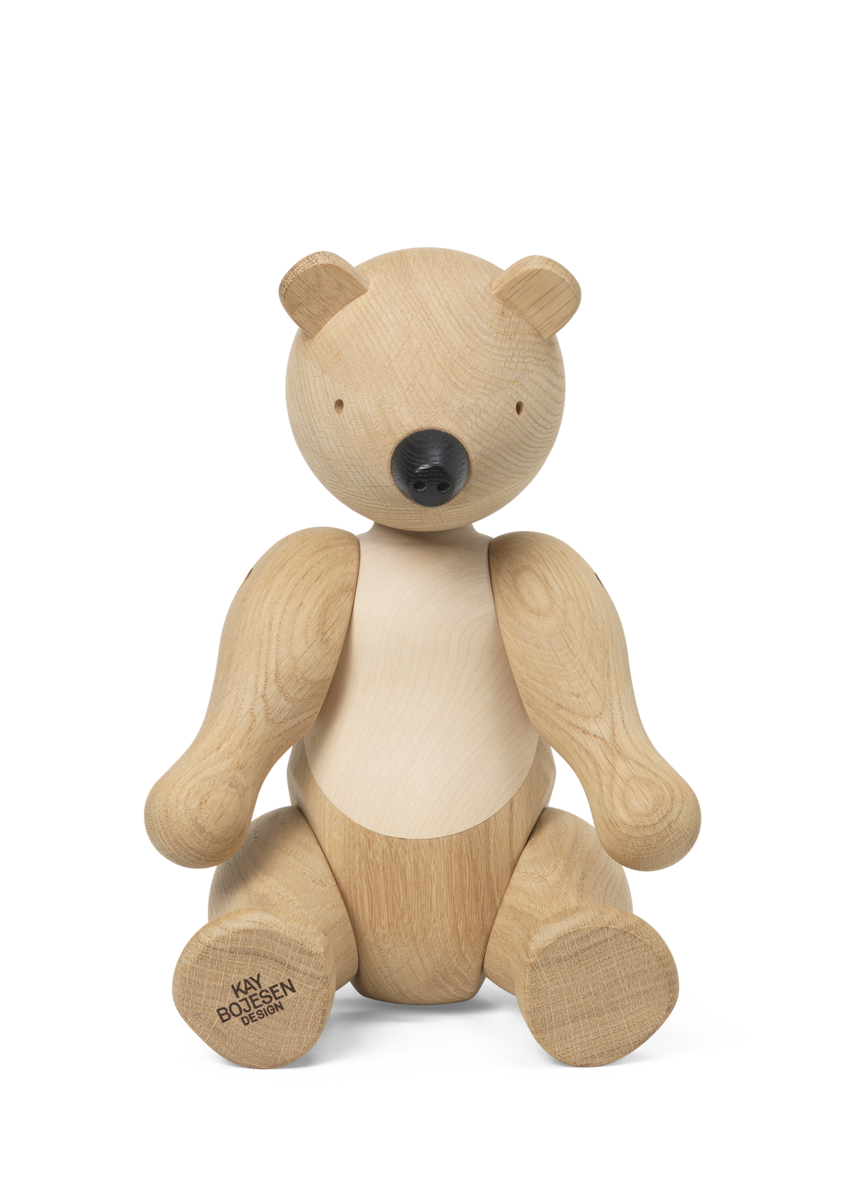 Kay Bojesen Bear large in untreated oak and maple, 40 cm tall wooden figure with movable arms