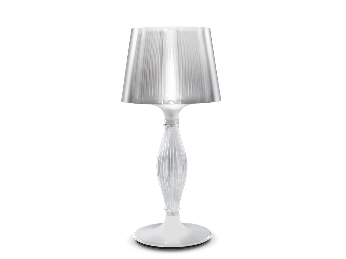 Liza Table lamp by Slamp with pleated translucent shade and fluted baluster stem