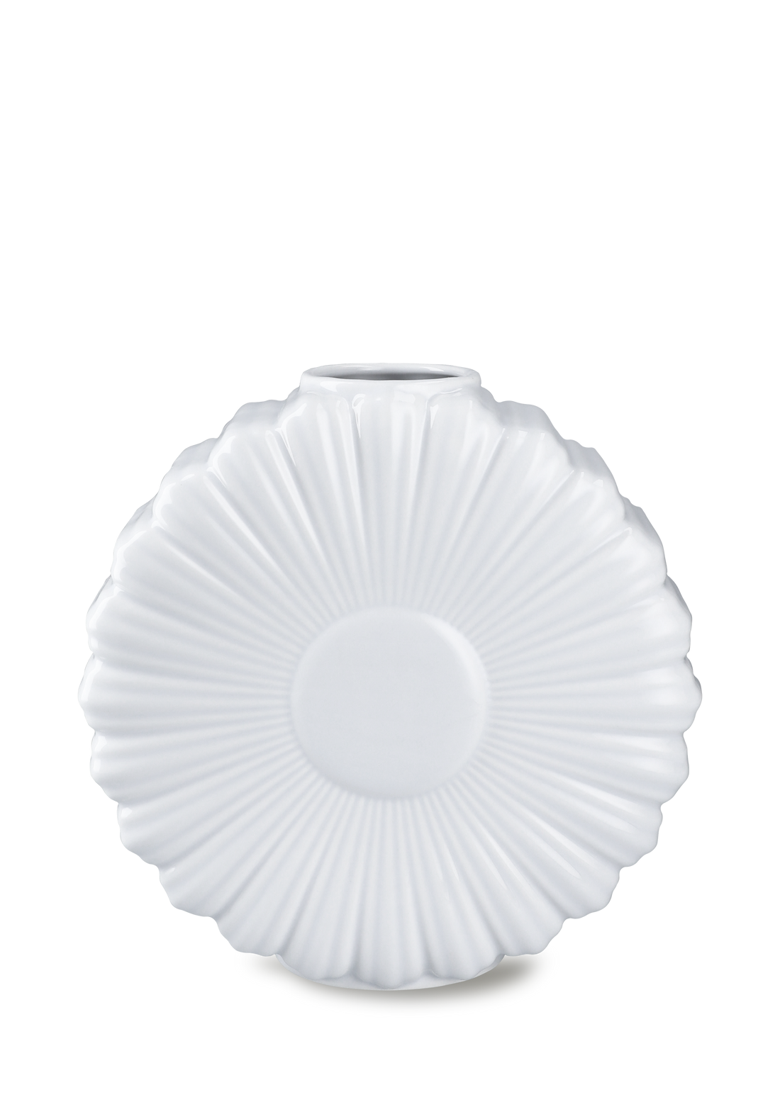 Lyngby Porcelæn Flower Vase Daisy H21 cm in white porcelain, a flat round vase with radiating ribs shaped like a daisy