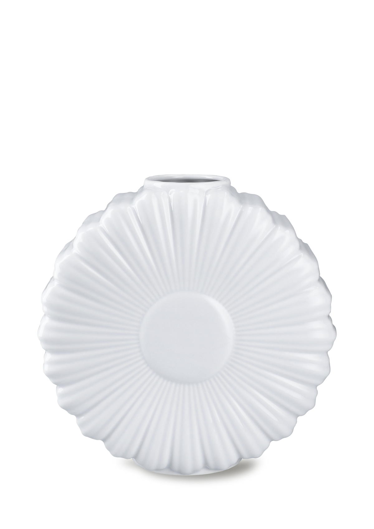Lyngby Porcelæn Flower Vase Daisy H21 cm in white porcelain, a flat round vase with radiating ribs shaped like a daisy
