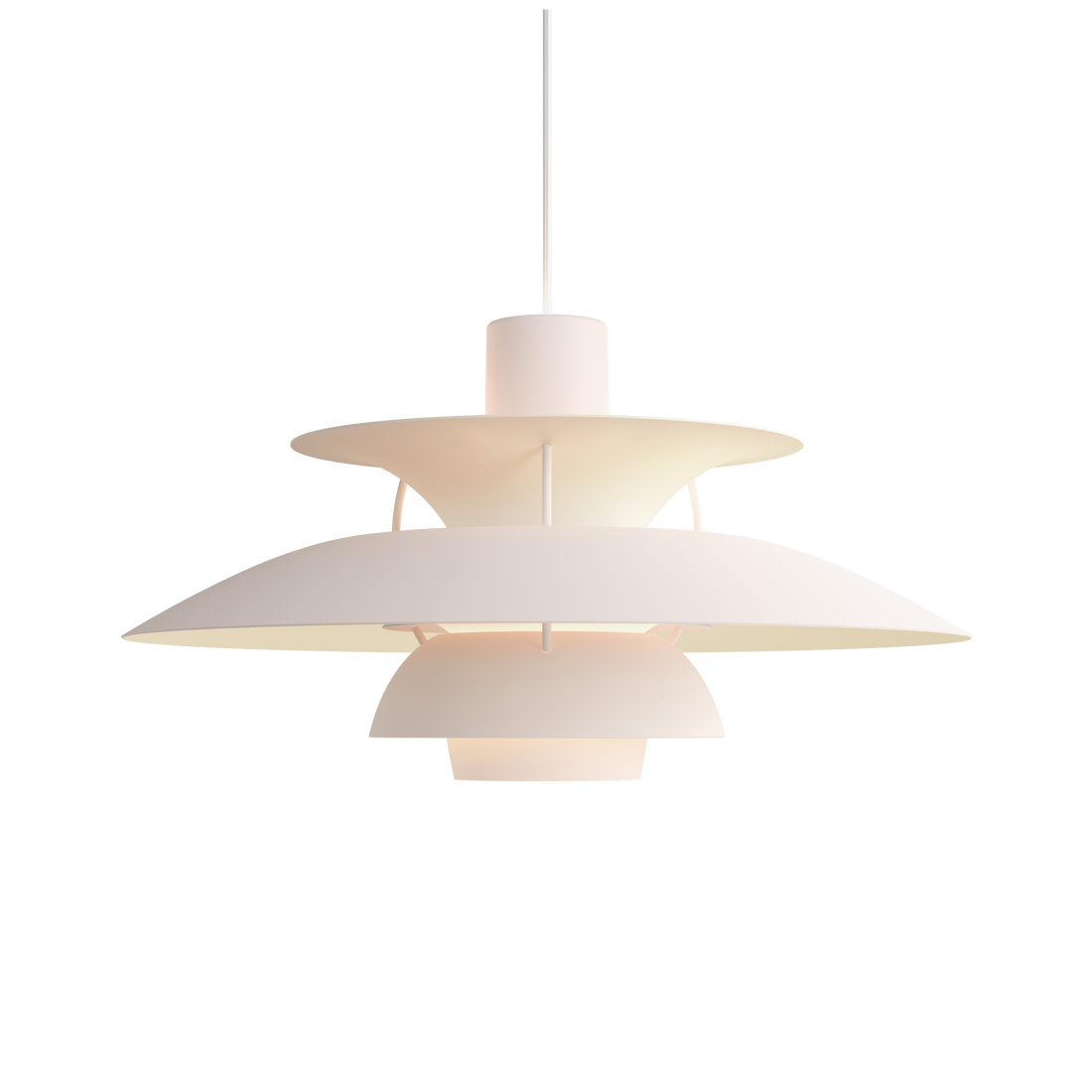 PH 5 pendant lamp in monochrome pale blush, a three-shade Louis Poulsen pendant