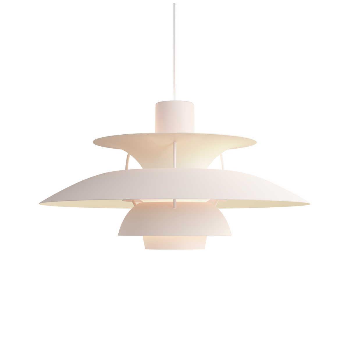 PH 5 pendant lamp in monochrome pale blush, a three-shade Louis Poulsen pendant