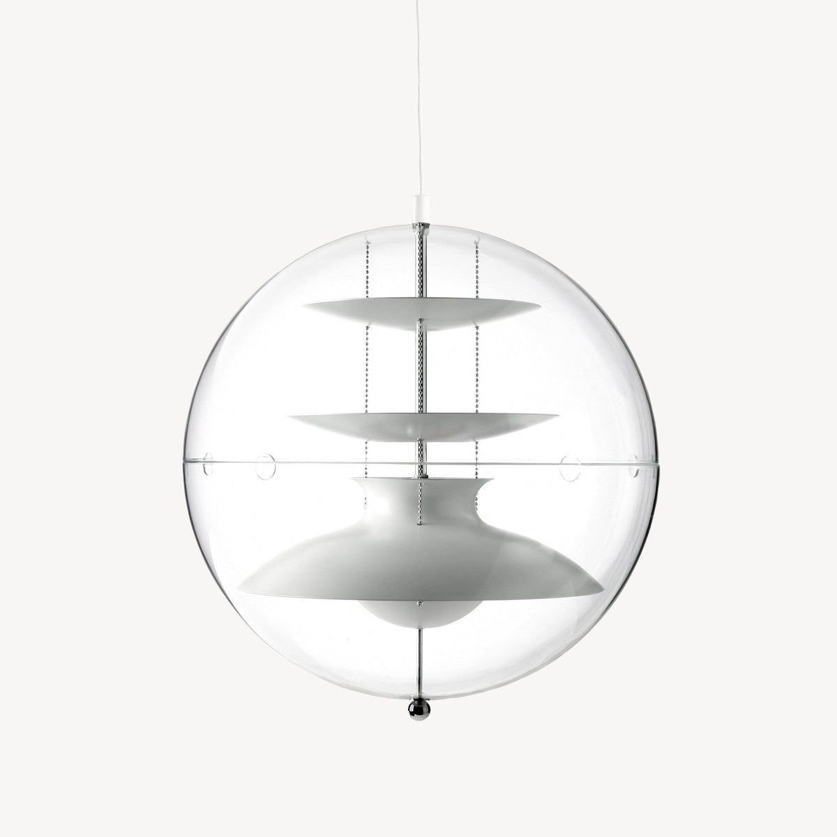 Panto Pendant Ø50 by Verner Panton for VERPAN, a clear acrylic sphere with white reflectors