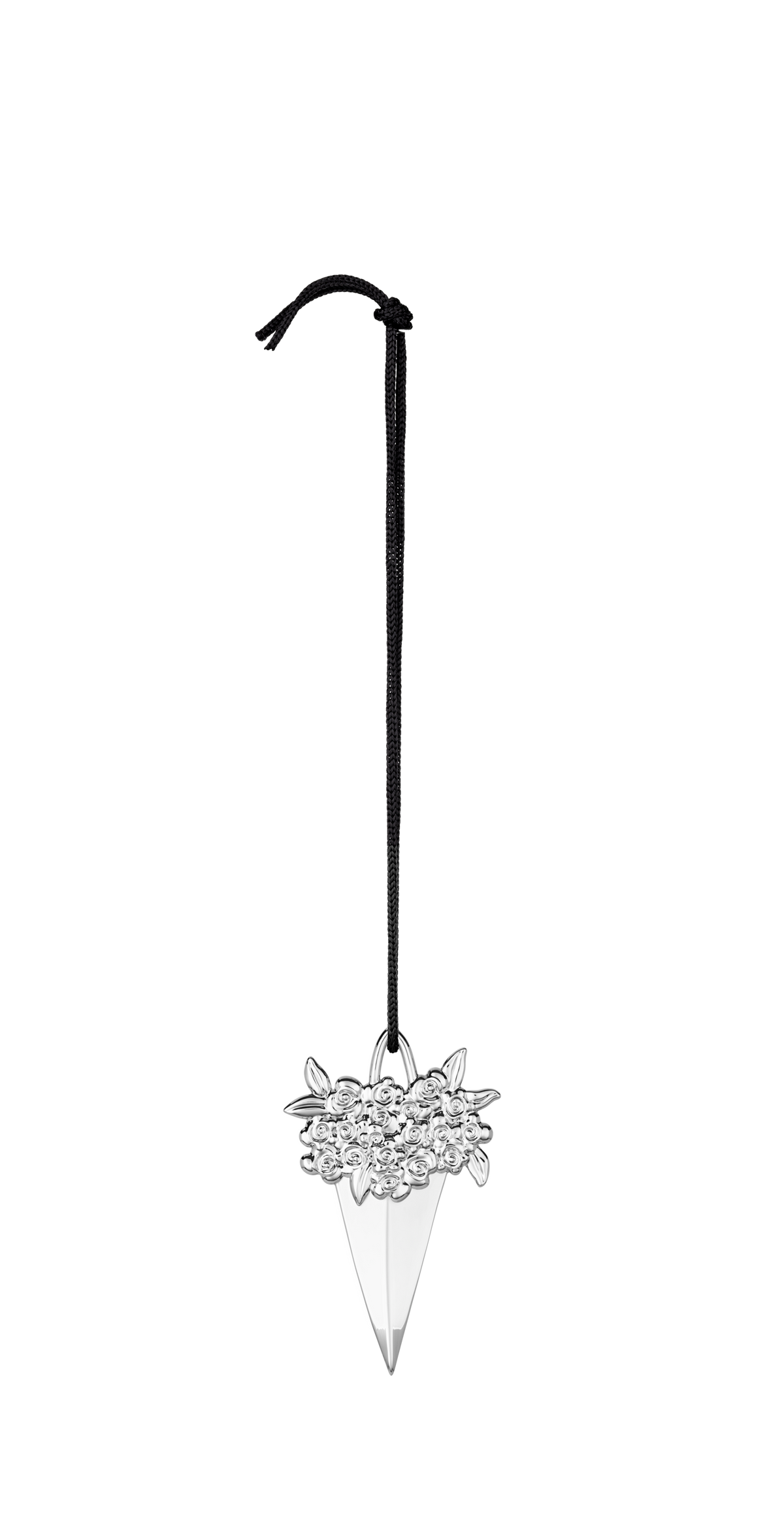 Karen Blixen Paper cone H8.5 by Rosendahl in silver plate, hanging from a black cord