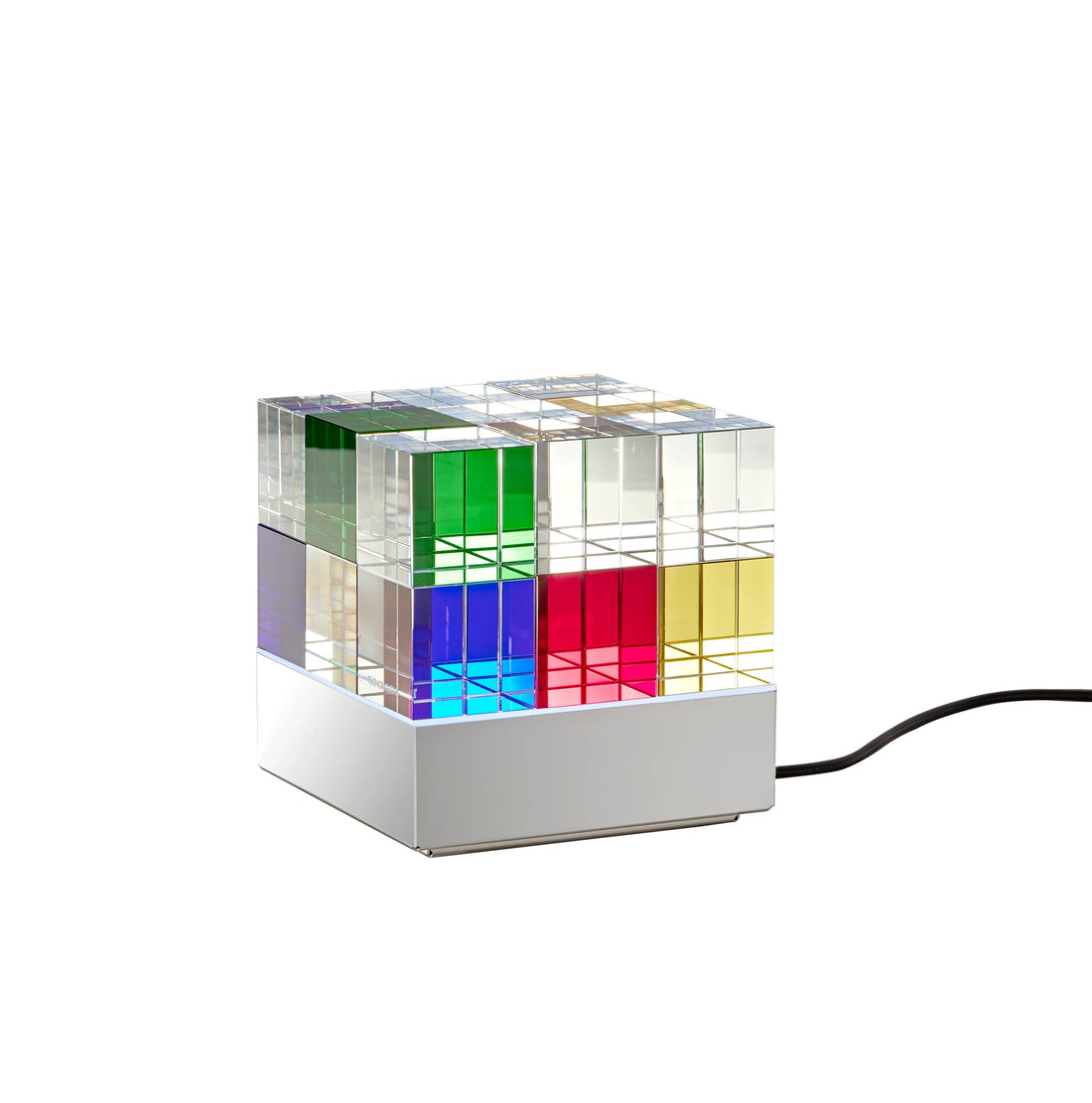 TECNOLUMEN MSCL 1 + 2 CUBELIGHT table lamp with stacked clear and coloured glass cubes on a stainless-steel base