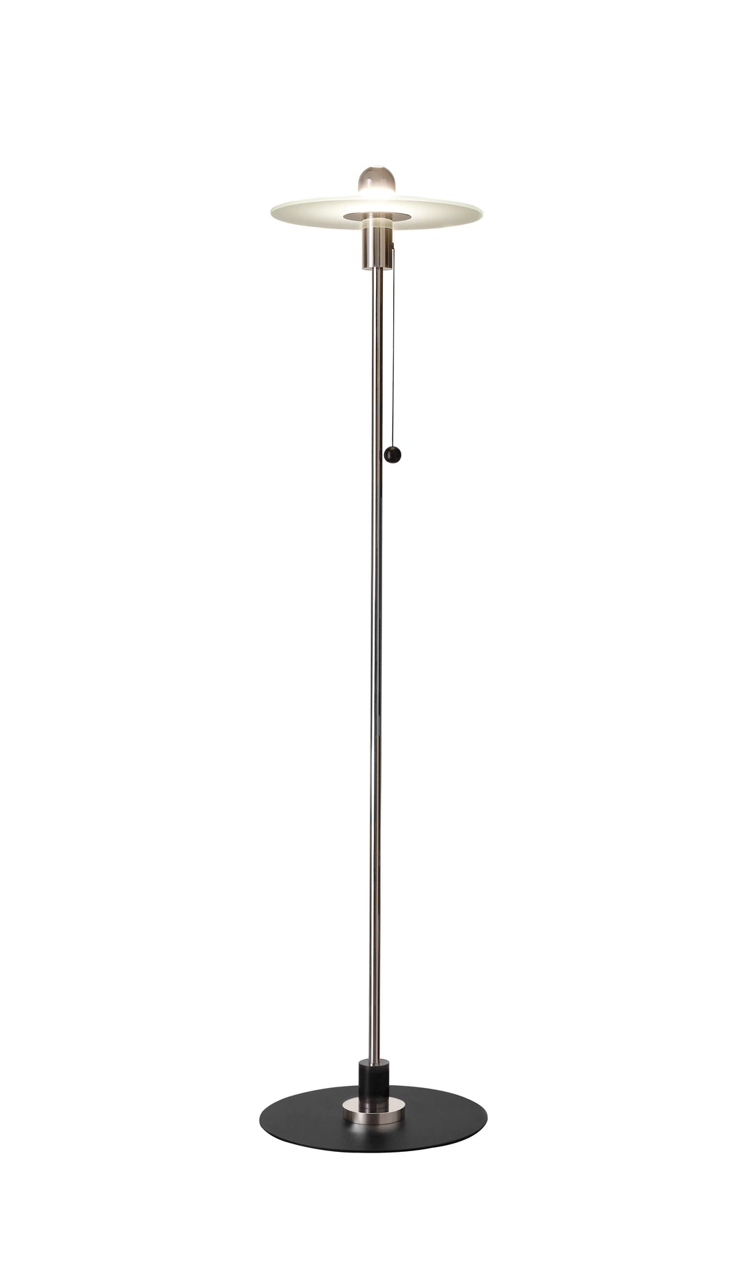 BST 23 Bauhaus floor lamp by Gyula Pap with a mirrored bulb above a frosted glass disc on a slender black stem