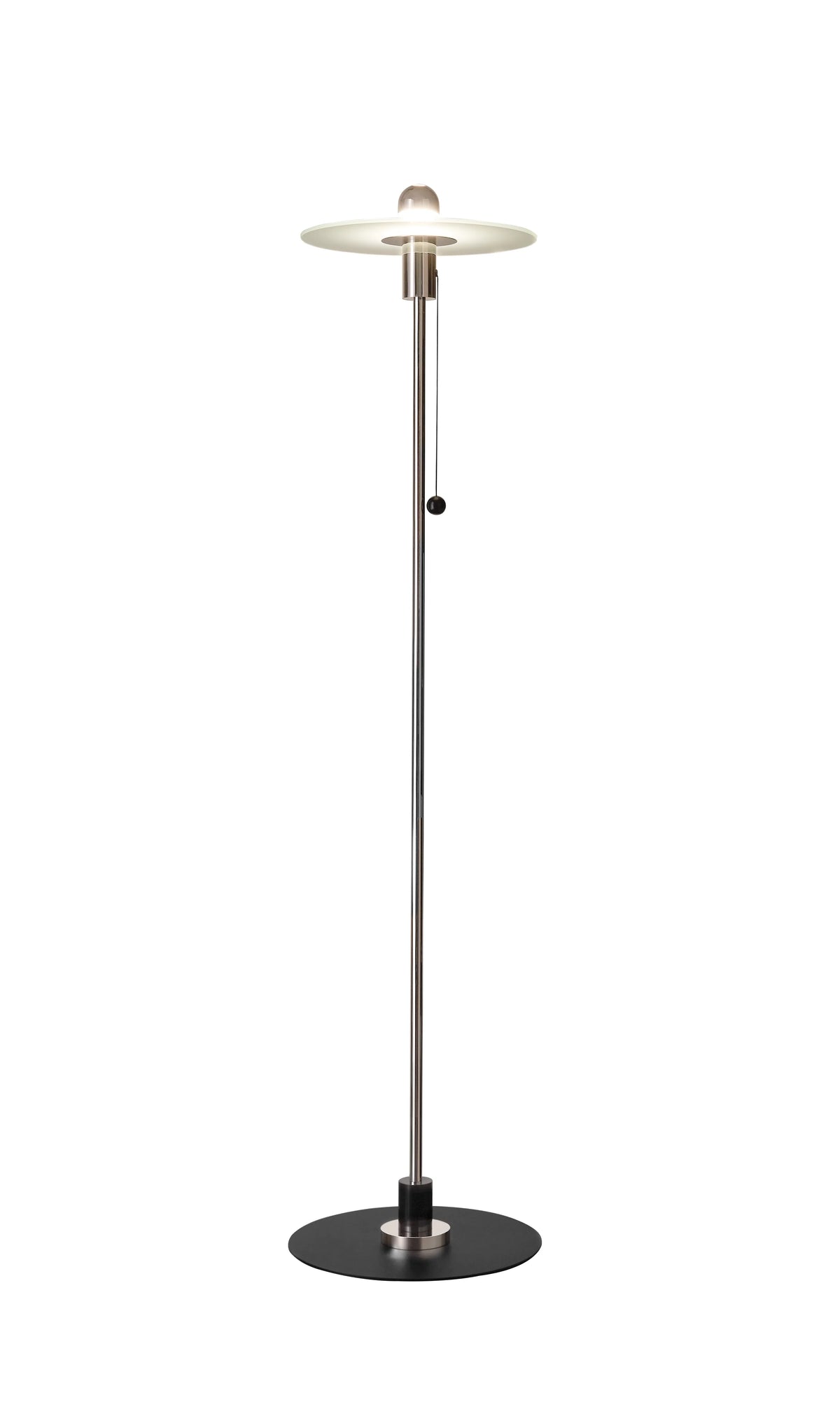 BST 23 Bauhaus floor lamp by Gyula Pap with a mirrored bulb above a frosted glass disc on a slender black stem