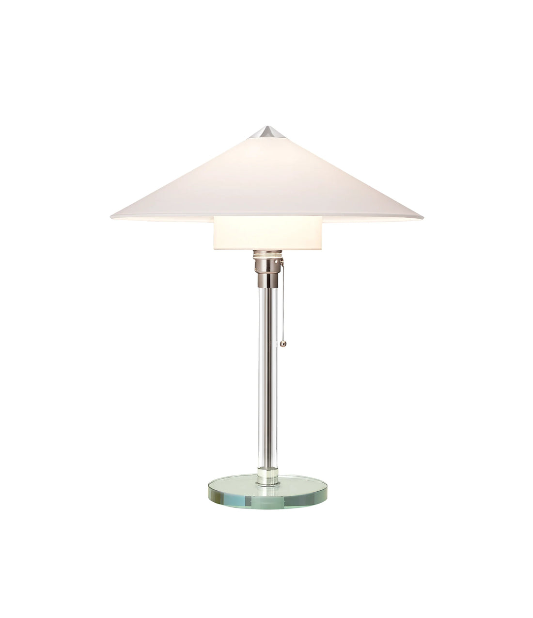 TECNOLUMEN WG 27 Wagenfeld table lamp with a fabric shade on a clear glass shaft and base