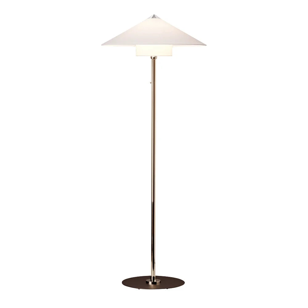 TECNOLUMEN WSTL 30 floor lamp by Wilhelm Wagenfeld, 1570 mm tall with a nickel-plated stem and fabric-covered shade