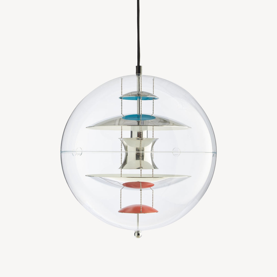 VP Globe Pendant Ø40 by Verner Panton, polished aluminium reflectors on steel chains inside a clear acrylic sphere