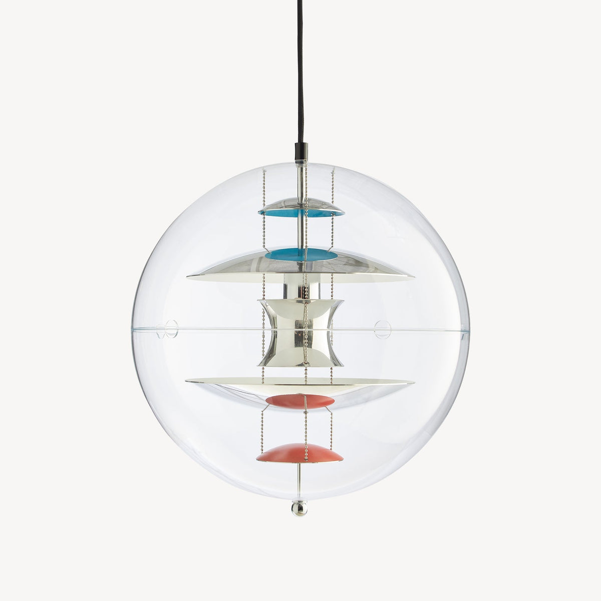 VP Globe Pendant Ø40 by Verner Panton, polished aluminium reflectors on steel chains inside a clear acrylic sphere