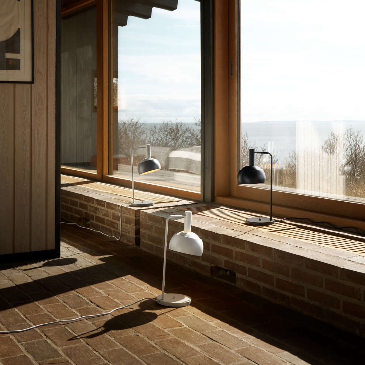 FJ Elements Table Lamps by Finn Juhl for Louis Poulsen in white, original grey and black, switched on