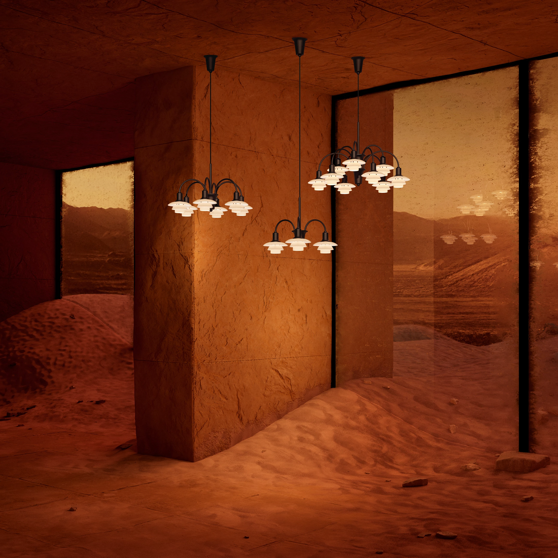 PH 1/1 Chandelier Centenary Edition by Poul Henningsen, lit, with terracotta opal glass shades on aged brass
