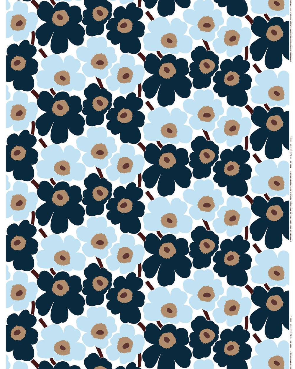 Marimekko Pieni Unikko Acrylic Coated Cotton Fabric – White / Blueberry / Cool Blue