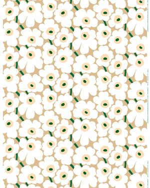 Marimekko Pieni Unikko Acrylic Coated Cotton Fabric – Sand / White / Hay / Emerald