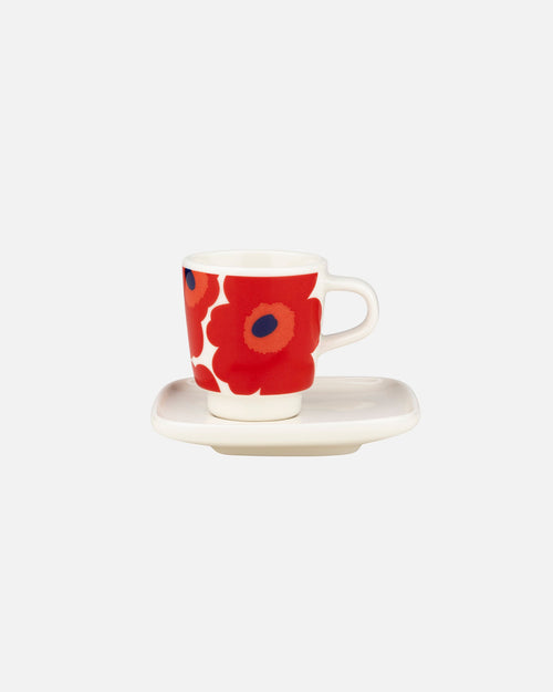Marimekko Oiva / Unikko Espresso Cup and Saucer – White / Red / Blue