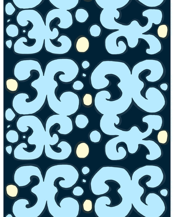 Marimekko Keidas Cotton Fabric – Blueberry / Light Yellow / Cerulean