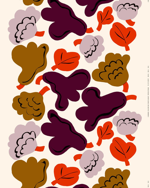 Marimekko Kukasta Kukkaan Cotton Sateen Fabric – Hay / Plum / Bronze / Terracotta