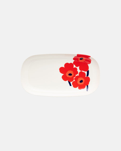 Marimekko Oiva / Unikko Serving Plate 17 x 32 cm – White / Red / Blue